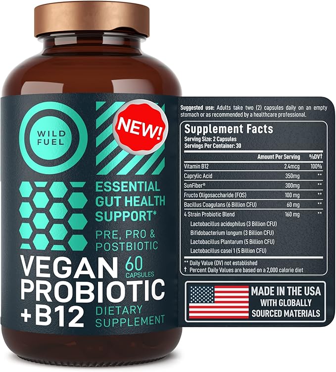 Vegan Probiotic Plus B12 &amp FOS - 22 Billion CFU Synbiotics Prebiotics and Probiotics for Digestive Health IBS Mood Support - B12 Pre Pro Post Biotics for Women &amp Men - 60 Gluten-Free Capsule