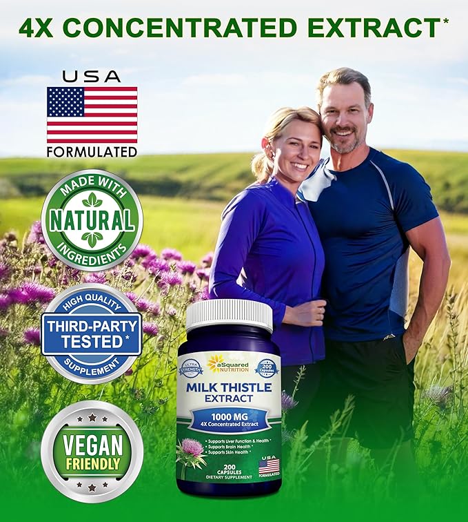 aSquared Nutrition Milk Thistle Supplement - 200 Capsules Max Strength 4X Concentrated Extract 4:1 Milk Thistle Seed Powder Herb Pills Silymarin Extract for Liver Support Cleanse Detox