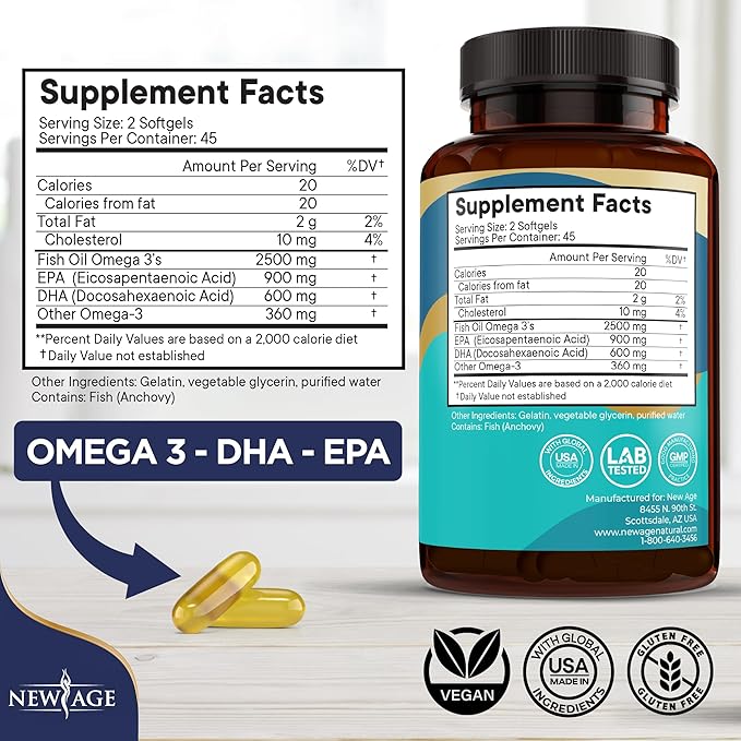 NEW AGE Omega 3 Fish Oil 2500mg Supplement Non GMO - EPA DHA Fatty Acids Gluten Free (180 Softgels (Pack of 2))