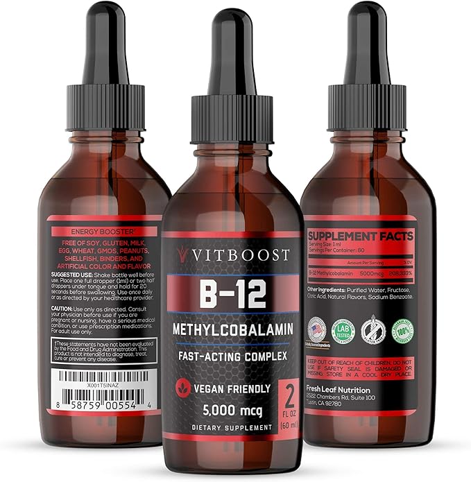 VITBOOST Vegan Liquid B12 Drops 60 x 5000mcg Extra Strength Raspberry Flavored VIT B12 Liquid Methylcobalamin sublingual Supplement &amp Extra Strength 10000mcg Biotin Liquid Drops Organic Berry Fla