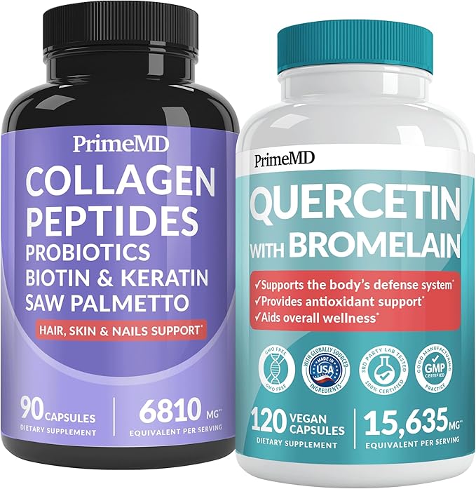 27-in-1 Hair Skin and Nails Vitamins (6810mg) w/Biotin and Collagen Hair Growth Vitamins with Probiotics and Saw Palmetto 90 ct - 28-in-1 Quercetin with Bromelain for Daily Immune Defense (120ct)