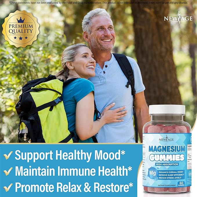 Magnesium Gummies - Calming Anti-Stress Gummies Magnesium Supplement for Adults and Kids Vegan Gelatin-Free Gluten-Free Non-GMO Delicious Natural Raspberry Flavor- 180 Count - by New Age