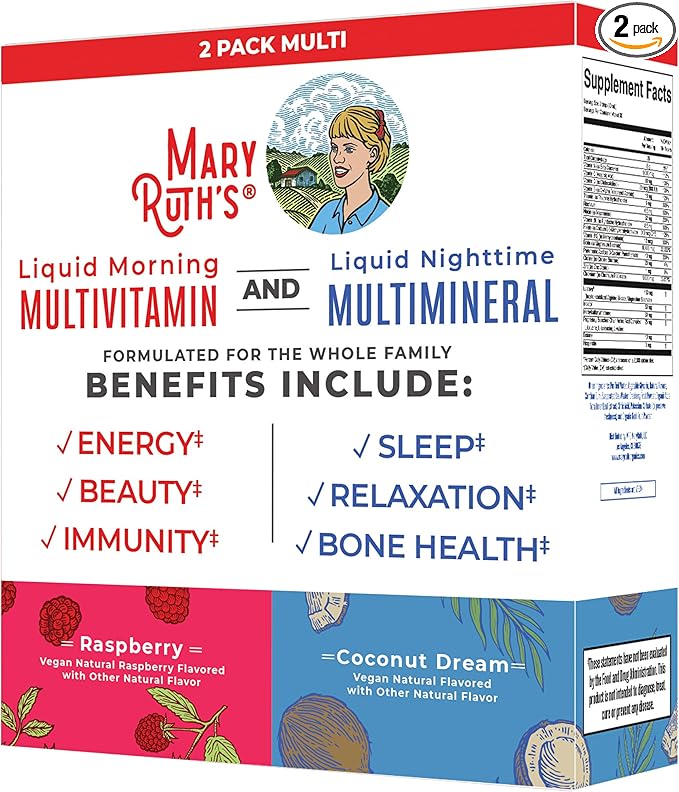 MaryRuth Organics Liquid Morning Multivitamin &amp Liquid Nighttime Multimineral Bundle Vegan Vitamin C Vitamin D B Complex Magnesium Energy Beauty Sleep Support NO Melatonin 32 Fl Oz Each