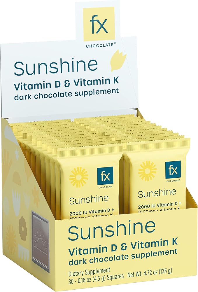 Fx Chocolate Sunshine - Vitamin D Sugar Free Chocolate for Mood Immune &amp Bone Support - 2000 IU D3 with Vitamin K Keto (30 Pieces)