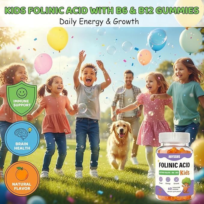 ABYSSUS Folinic Acid for Kids Gummies Methylated B-Complex for Children Maximum Absorption for Brain Focus &amp Healthy Growth Non-GMO 60 Gummies
