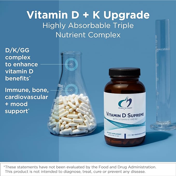 Designs for Health Vitamin D Supreme - Vitamin D 5000 IU with 2000mcg Vitamin K as MK4 for Bone Health Heart Health Mood &amp Immune Support - Vitamin D3 Enhanced with GG Supplement (30 Capsules)