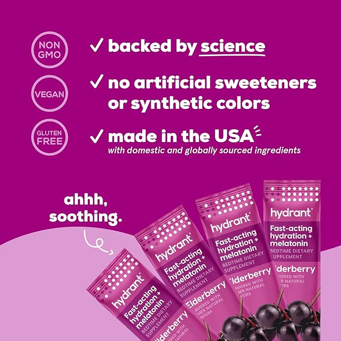 Hydrant - Sleep Electrolyte Powder Elderberry Flavor 30 Rapid Hydration Individual Stick Packs - Sleep Blend of Melatonin L-Theanine Magnesium &amp Chamomile