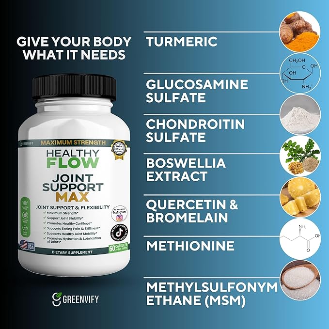 Healthy Flow Joint Support Max 1500mg Glucosamine 60 Capsules Maximum Strength Joint Support Supplement (5)