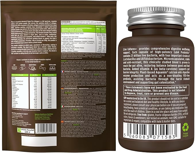 Pure &amp Essential Vegan Collagen Peptide Protein Powder + Live Cultures+ Lab4 Probiotics Vegan Bundle Collagen Boosting Formula + 25 Billion CFU Lactobacillus Acidophilus &amp Bifidobacterium by