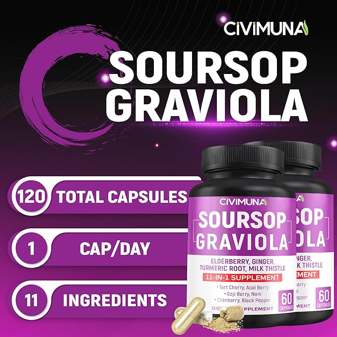 Soursop Graviola Capsules with Elderberry Turmeric Curcumin and More - 120 Capsules for 4 Months Supply (Pack of 2)