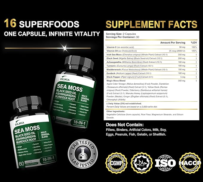 16-in-1 Organic Sea Moss Gel Alternative Capsules – Superfood Blend with Ashwagandha Black Seed Oil Turmeric Bladderwrack Burdock Elderberry Manuka Dandelion Yellow Dock Vitamin C &amp D3