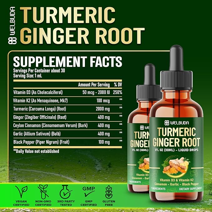 7in1 Liquid Turmeric Curcumin with Vitamin D3 Vitamin K2 Ginger Ceylon Cinnamon Garlic Black Pepper - Drops Extract - 2 Packs of 30ml - 2 Month Supply