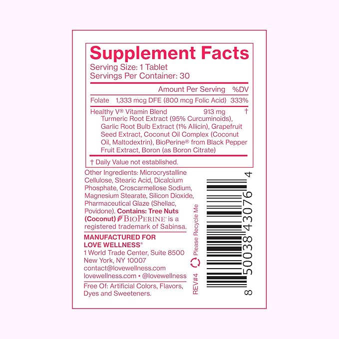 Love Wellness Healthy V Vitamin | Women's Vaginal Health Supplement | pH Balance Gut Health &amp Immune Support Supplement | Balance of Candida Yeast with Turmeric Garlic &amp Coconut Oil | 30 Cou