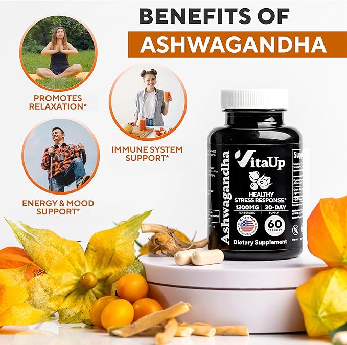 Ashwagandha Capsules 1310mg with Black Pepper - USA Made Ashwagandha Supplements for Relaxation Support Normal Cognitive Function &amp Balanced Energy Levels – 60 Caps