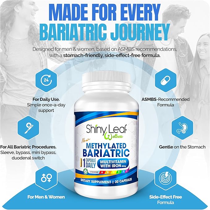 Shiny Leaf Methylated Bariatric Multivitamin with Iron 45mg – Once Daily Capsule USA Made ASMBS Compliant Bariatric Vitamins for Gastric Bypass &amp Gastric Sleeve for Men &amp Women GMP – 60 Ca
