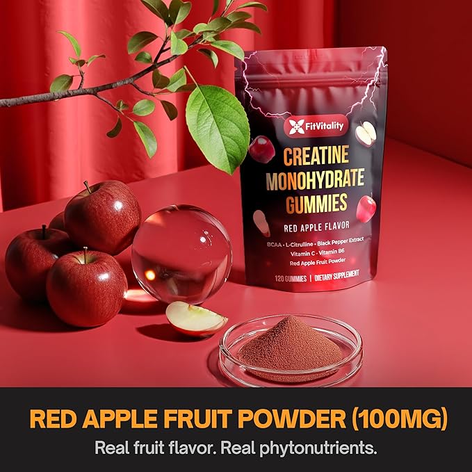 Premium 120 Creatine Gummies - Formulation with Creatine Monhydrate Vitamin C &amp B6 - Vegan Non-GMO Sugar-Free Red Apple Flavor