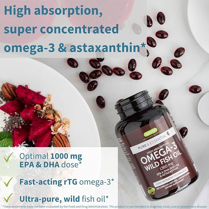Super B-Complex 180 Tablets &amp High Absorption Omega-3 Wild Fish Oil 1360mg Bundle Methylated Sustained Release B Complex and 1000mg EPA &amp DHA with Astaxanthin by Igennus
