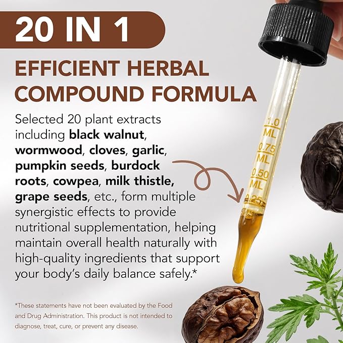 Tiuedu Black Walnut &amp Wormwood Herbal Liquid Drops 20-in-1 Plant-Based Herbal Wellness Formula with Clove Garlic Pumpkin Seed &amp Milk Thistle Fast-Absorbing Liquid 2Pack