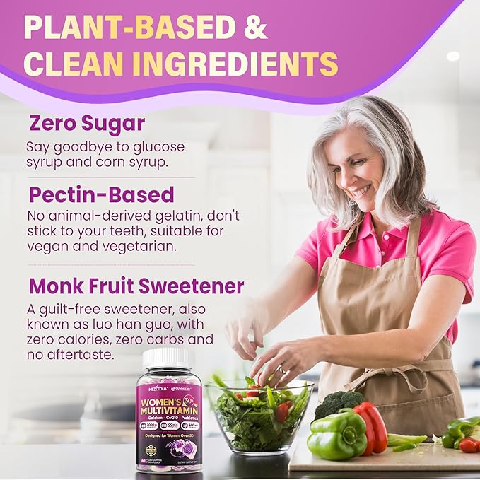 Multivitamin for Women 50 Plus Gummies Vegan Omega 3 Methylfolate Calcium D3 K2 CoQ10 Daily Vitamin A C E Methylated B12 Biotin B Complex Zinc - Bone Energy Longevity - Sugar Free 60Count