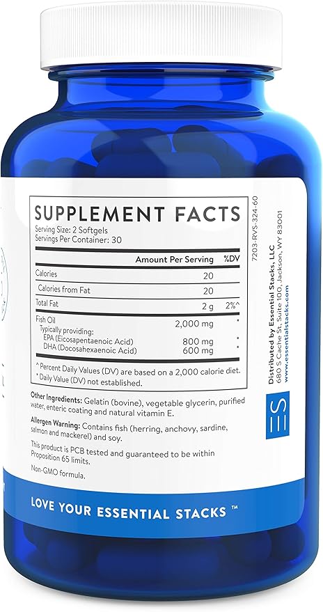 Essential Stacks Smart Omega 3 - Burpless Fish Oil - 1400mg EPA DHA Per Serving Enteric Coated (60 Capsules)
