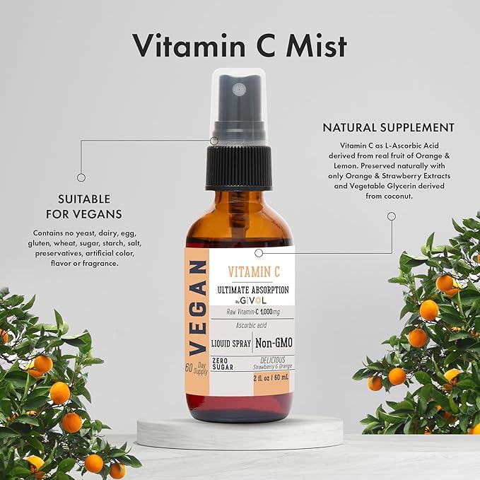 Vitamin C Spray: Daily Absorption Liquid Extract with Lemon Orange Strawberry Rich in Ascorbic Acid 2oz (60ml) 60 Day Supply