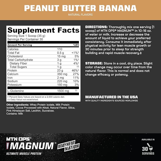 MTN OPS Magnum Protein Powder 23g Protein per Serving Whey Protein Blend with BCAAs Low Sugar Gluten Free 30 Servings Peanut Butter Banana