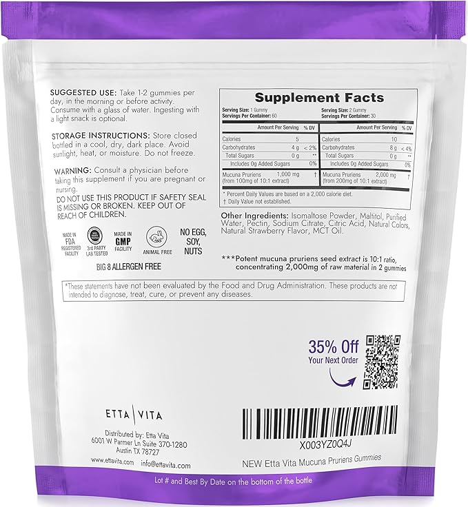Dopamine Supplement - Sugar-Free Mucuna Pruriens Gummies (2g/serving) Energy &amp Focus Gummies - Potent Mucuna Pruriens Extract Supplement for Calm Mood and Motivation Vegan Non-GMO Gluten-Free