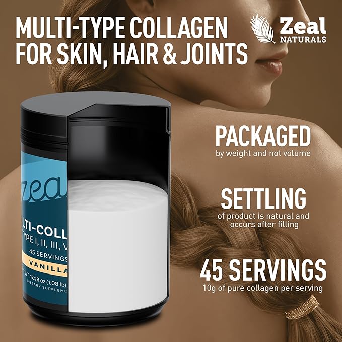 Zeal Naturals Multi Collagen Protein Peptides Powder Types I II III V X - Vitamin C Biotin &amp Hyaluronic Acid - Hair Skin &amp Nails - Marine Bovine Chicken &amp Eggshell - Vanilla 45 Servin