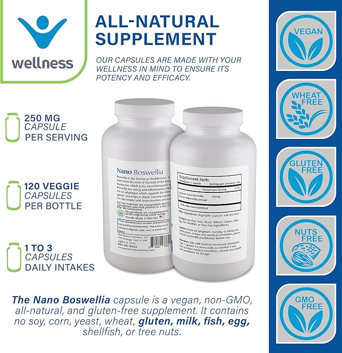 One Planet Nutrition Nano Boswellia 250 mg Veggie Capsules (120 Servings) Boswellia serrata Resin Supports Cognitive Function for Brain Health Non-GMO Vegan Gluten-Free