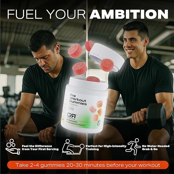 Pre Workout Gummies – Tropical Blast Long Lasting No Crash Vegan Energy &amp Focus Boost USA Made &amp GMP Certified with VasoDrive-AP and Vitamin B 12 for Men &amp Women (60 Count)