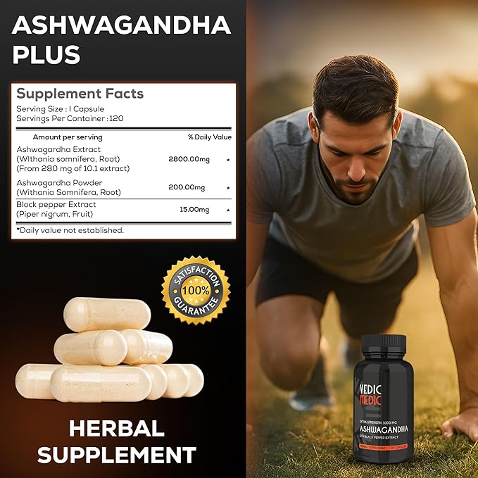 Organic Ashwagandha Capsules Extra Strength 3000mg with Black Pepper Extract - Stress Relief Mood Enhancer Energy Support - Non-GMO Vegan Gluten Free (120)