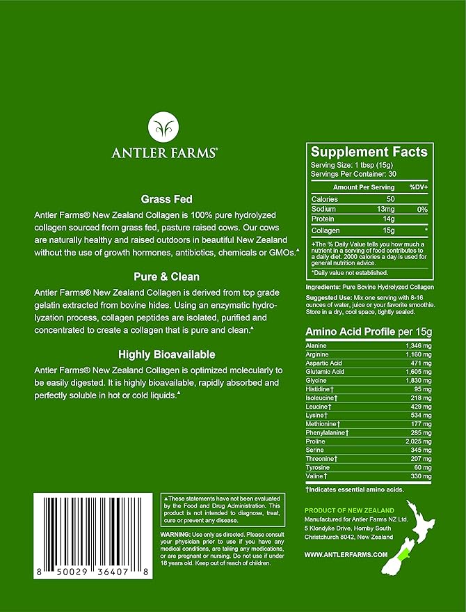 Antler Farms - 100% Pure New Zealand Collagen Powder from Grass Fed Cows Unflavored 1 lb - Hydrolyzed Cold Water Soluble Peptides Keto Friendly Bioavailable Quick Dissolving