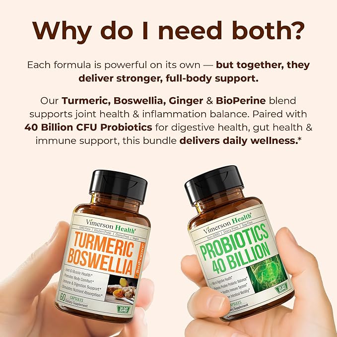 Boswellia Turmeric Curcumin Supplement + 40 Billion CFU Probiotics for Women &amp Men with Prebiotics Bundle for Joint &amp Immune Support Digestive &amp Gut Health – with Ginger Root Organic Tur