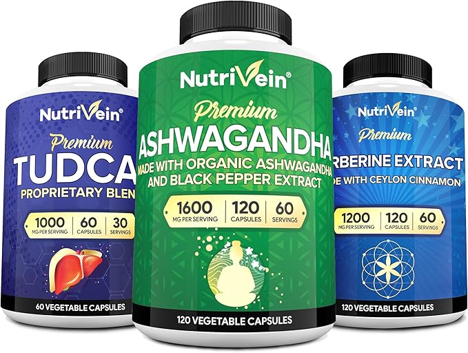 Nutrivein Premium TUDCA Berberine Supplements and Ashwagandha Supplements Bundle: High-Absorption Berberine Complex Ashwagandha Root Extract &amp TUDCA for Detox Vitality &amp Well-Being