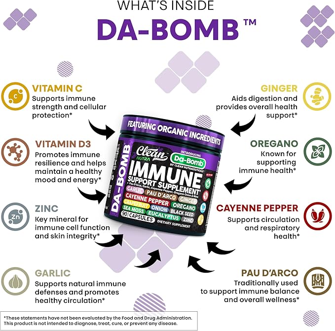 Organic Immune Support with PAU D'Arco Garlic Cayenne Pepper Oregano Ginger Grapefruit Onion Black Seed Sea Moss Black Pepper Zinc Eucalyptus Vitamin C Vitamin D Organic Soursop by Clean Nutra