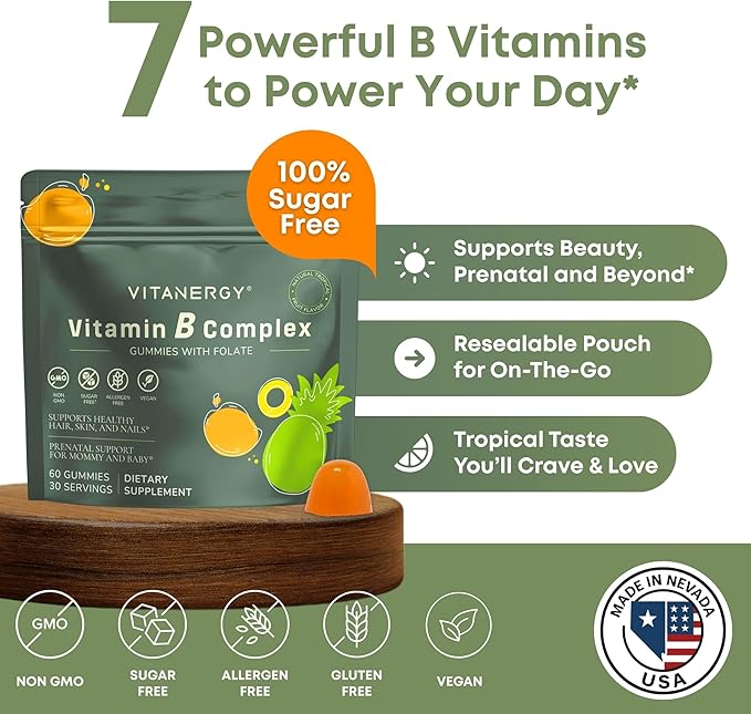 Vitamin B Complex Gummies for Women - 7 Essential Vitamins and Iron Energy Immune Prenatal Support Portable Pouch Tropical Flavor Made in USA 60 Count