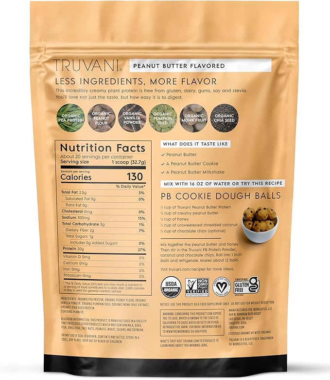 Truvani Vegan Pea Protein Powder | Peanut Butter | 20g Organic Plant Based Protein | 20 Servings | Keto | Gluten &amp Dairy Free | Low Carb | No Added Sugar