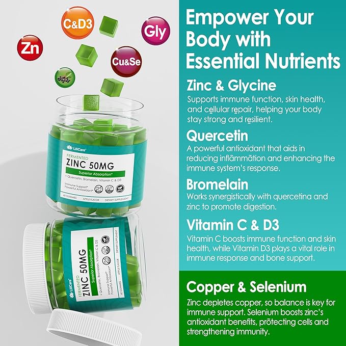 Fermented Zinc Gummies 50mg Quercetin Bromelain Vitamin C &amp D3 Superior Absorption Zinc Supplements for Women &amp Men Immune Powerful Antioxidant Zinc Picolinate Alternaitive Sugar Free