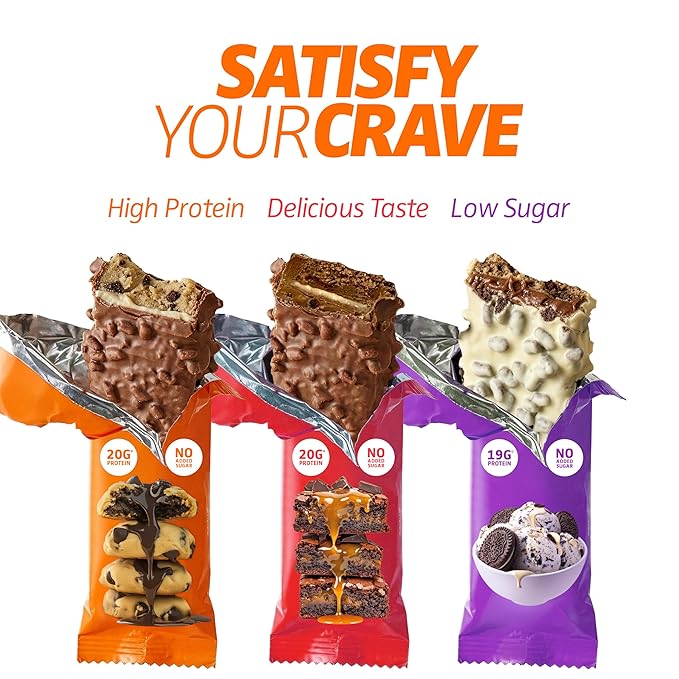 Satisfy Your Crave Protein Bars- High Protein Delicious Snacks- 19-20g of Protein No Added Sugar- Variety Pack- Cookie Dough Choc Caramel Cookies &amp Cream- On-the-Go Snack Pantry Staple &amp f