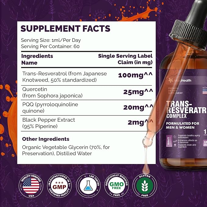 Trans-Resveratrol with PQQ Quercetin &amp Black Pepper Tincture | 3rd Party Tested | Cellular Energy &amp Heart Health Support | Sourced from Japanese Knotweed - 2 oz (60 Servings)