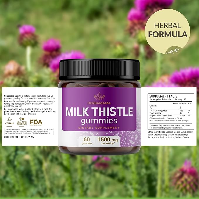 HERBAMAMA Milk Thistle Supplement - 1500mg Milk Thistle Seed Gummies for Liver Cleanse - Vegan Non-GMO Liver Support with Silybum Marianum - 60 Pectin-Based Blueberry-Flavored Chews