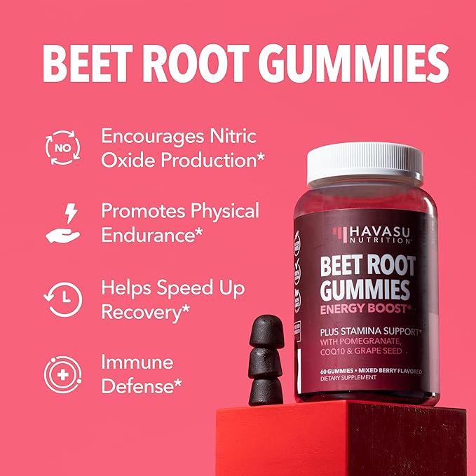 Beet Root Gummies with COQ10 &amp Pomegranate - Nitric Oxide Supplement for Men and Women - Beetroot for Endurance Performance Recovery - Vegan Non-GMO Gluten Free - Mixed Berry Flavor 120 Count
