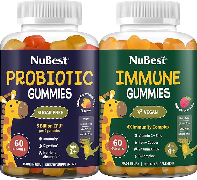 NuBest Bundle Immune and Gut Health with Probiotic Gummies 5 Billion CFUs and Immune Multivitamin Gummies No Added Sugar for Kids &amp Teens