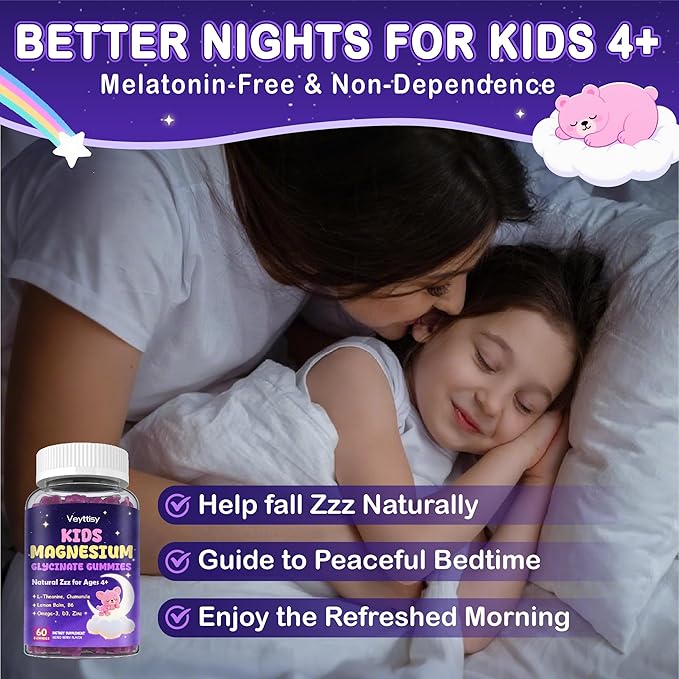 Magnesium Glycinate Gummies for Kids 4+: Sugar Free Magnesium Bisglycinate Gummy with Chamomile L-Theanine Lemon Balm B6 Omega 3 Zinc - Gluten Free Non-GMO Vegan Mixed Berry Flavor