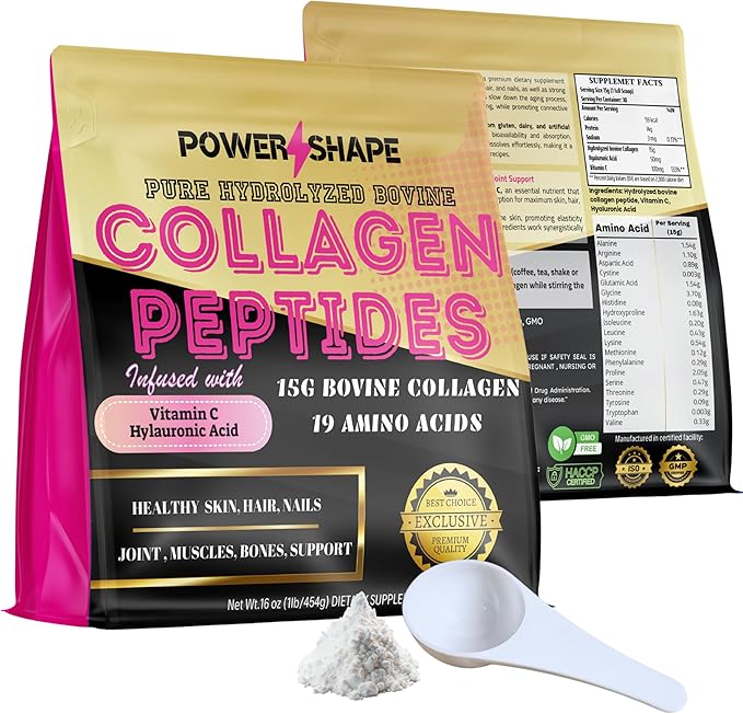 Collagen Peptides 1lb –100% Hydrolyzed Bovine Collagen – Non-GMO 15g per Serving – Supports Skin Hair Joints – New Formula with Vitamin C &amp Hyaluronic Acid Unflavored 16oz