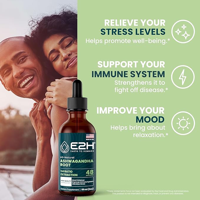 E2H Ashwagandha Liquid Drops - All-Natural Ashwagandha Supplement for Stress Relief and Mood Enhancer- Organic Ashwagandha Root Extract Effective Cortisol Manager | Non-GMO Vegan (3 Bottles)