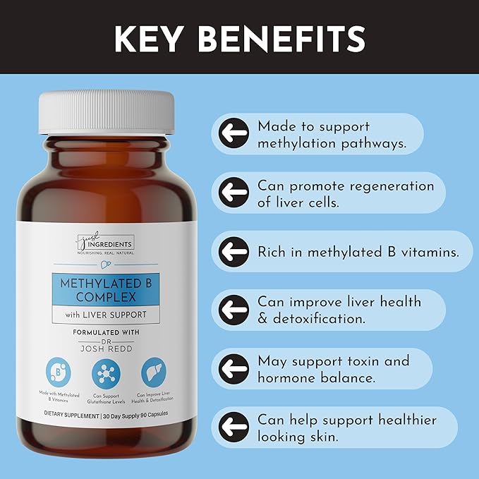 JUST INGREDIENTS Methylated B Complex with Liver Support - Energy Detox Glutathione Skin - 90 Capsules