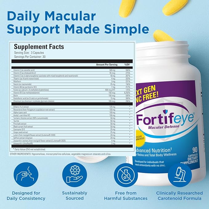 Fortifeye Vitamins Macular Defense Multivitamin-30 Day Supply 90 Tablets (Zinc Free) All Natural Total Body &amp Eye Vitamins for Vision Pure Macular Support Formula Complex Eye Vitality Suppleme