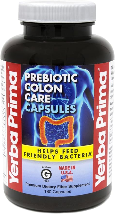 Yerba Prima Prebiotics Colon Care Fiber Caps 180 Capsules - Five Forms of Fiber Plus FOS Pre-biotics - Dietary Health Supplement - Healthy Soluble &amp Insoluble Fibers for Regularity