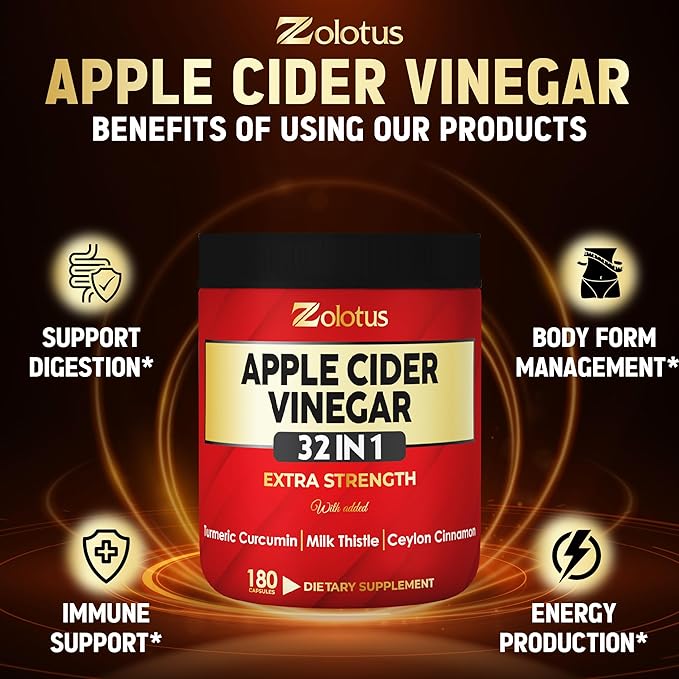 Zolotus 32in1 Apple Cider Vinegar Capsules with Turmeric Cinnamon Milk Thistle Elderberry Quercetin &amp More for Supports Digestion Immune - 180 Capsules